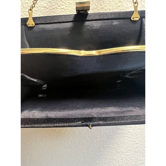 Vintage Black Satin Clutch Purse With Gold Chain Strap & Frame - Picture 4 of 7